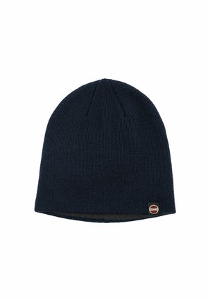 Cappello beanie lavorato a maglia di colore blu navy con una texture a coste e un piccolo logo Colmar sul lato. Design semplice e attillato.