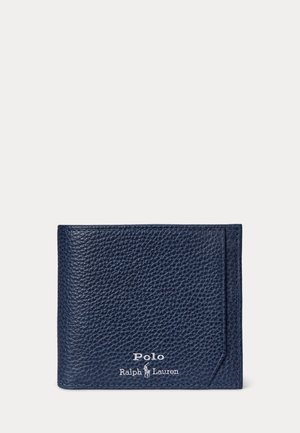 Portofel din piele texturată albastru închis, cu margini cusute, având logo-ul alb "Polo Ralph Lauren" și emblema calului pe partea din față.