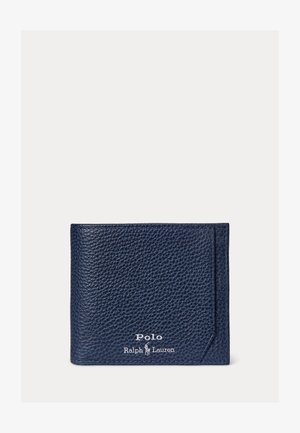 Granatowy portfel z teksturowanej skóry z przeszywanymi krawędziami, na przedniej części z białym logo "Polo Ralph Lauren" i emblematem konia.