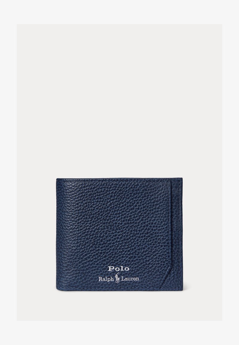 Granatowy portfel z teksturowanej skóry z przeszywanymi krawędziami, na przedniej części z białym logo "Polo Ralph Lauren" i emblematem konia.
