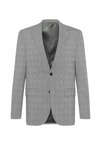 Blazer gris à carreaux simple boutonnage avec revers crantés, deux poches avant à rabat, fermeture à deux boutons et doublure intérieure en satin noir.