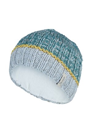 Gestrickte Wintermütze mit türkisblauen und grauen Rippenmustern, gelbem Saum und weicher weißer Innenfütterung.