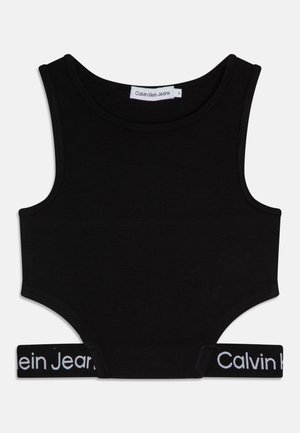 Top nero corto con ampie aperture per le braccia e fascia elastica con marchio Calvin Klein Jeans all'orlo.