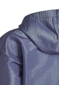 Lätt lila jacka med huva, glänsande yta och ruggad yta, vilket betonar dess eleganta design och moderna estetik.