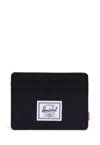 Black cardholder made of fabric with multiple card slots, featuring a white Herschel label and a striped accent on the side.