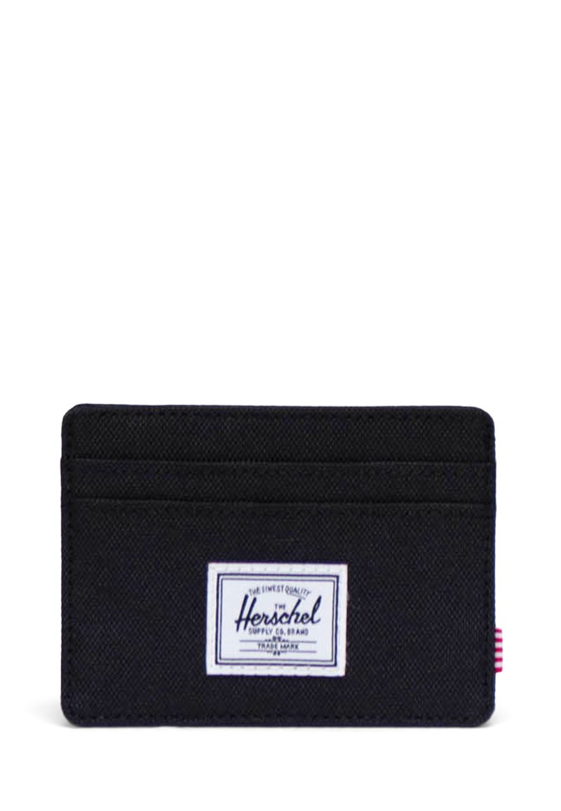 Black cardholder made of fabric with multiple card slots, featuring a white Herschel label and a striped accent on the side.