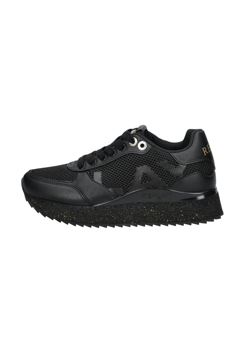 Sneaker nero con un mix di materiali in pelle e rete, suola texturizzata con particelle dorate e un logo del marchio ben visibile sul lato.