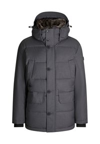 Dunkelgraue, gesteppte Herren-Winterjacke mit Kapuze, Knopf- und Reißverschluss, zwei Brusttaschen und zwei Klappentaschen sowie Kunstpelzfutter innen in der Kapuze.