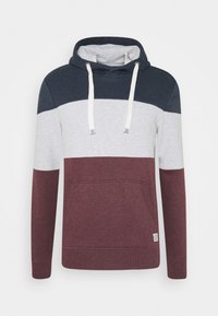 Kapuzensweatshirt mit einem Farbblockdesign in Marineblau, Hellgrau und Burgunderrot. Mit einer Fronttasche und Kordeln.