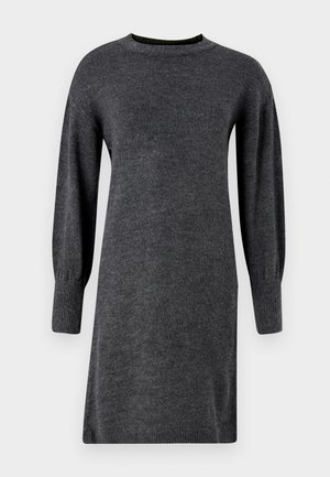 Tumehall villane kleit pikkade puhvärvlitega, ümmarguse kaelusega ja soonikuotstega. Lihtne disain otsejoonedega.