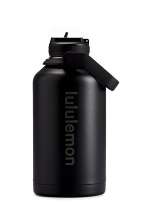 Black stainless steel water bottle with a matte finish, wide mouth, secure lid, and a sturdy handle. "lululemon" is embossed on the side.