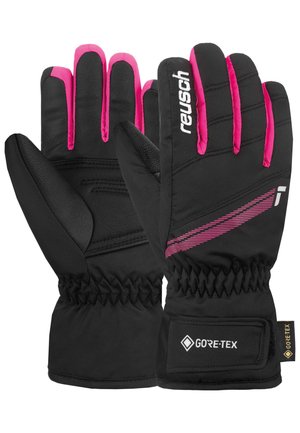 Schwarze und pinke isolierte Handschuhe mit elastischen Bündchen, Gore-Tex-Etikett, Reusch-Logo und strukturierten Handflächen für besseren Griff.