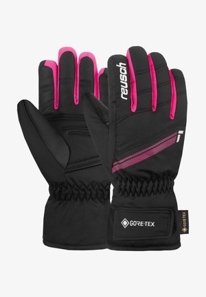 Black and pink insulated gloves with elastic wrists, Gore-Tex label, Reusch branding, and textured palms for grip.