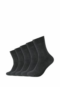 Pięć par ciemnoszarych skarpetek wykonanych z miękkiego, elastycznego materiału. Każda para ma ribbowe wykończenie na żyle i bezszwowy design palców.