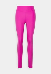 Leggings magenta realizzati in tessuto elastico con vita alta. Texture liscia e design a lunghezza intera, adatti per l'abbigliamento attivo.