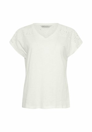 Biała bluzka z krótkim rękawem, dekoltem w serek oraz koronkowymi wycięciami na ramionach i górnej części rękawów, wykonana z lekkiego materiału.