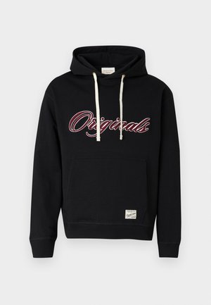 Czarna bluza z kapturem z białymi sznurkami, przednią kieszenią i napisem "Originals" wyhaftowanym na piersi bordową czcionką.