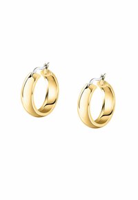 Orecchini a cerchio in tonalità oro con una finitura lucida e un design elegante, dotati di una chiusura a cerniera sicura e di un sottile accento argentato.