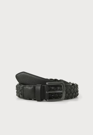 Black braided leather belt with a textured surface, featuring a silver-toned metal buckle and a smooth leather end.