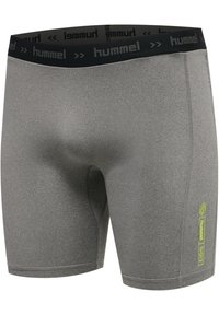 Grå sportshorts med en slät textur, med en svart midja med "hummel"-logotyp och en gul accent på sidan.