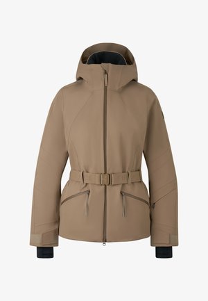 Veste imperméable marron avec un col haut, une ceinture ajustable, des poches zippées et des poignets élastiques. Présente une texture lisse et des détails en panneaux.
