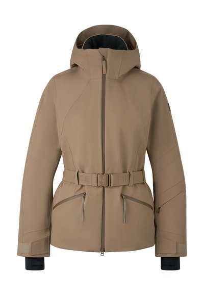 Braune wasserdichte Jacke mit hohem Kragen, verstellbarem Gürtel, Reißverschlusstaschen und elastischen Bündchen. Verfügt über eine glatte Textur und eine Teilungsnaht.