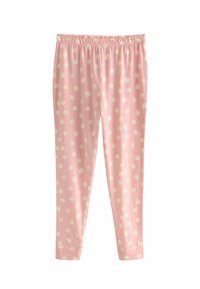 Helle rosa Leggings mit weißen Punkten, aus weichem Stoff, mit elastischem Bund und schmal zulaufenden Bündchen an den Knöcheln.