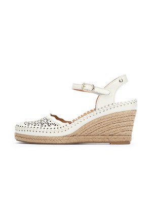 Sandales compensées blanches avec un design florale découpé, une bride de cheville avec une boucle dorée et un talon en jute.