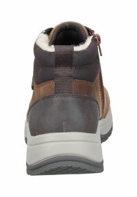 Bruine en grijze enkellaarsjes met een ritssluiting, gevoerde kraag en een gestructureerde zool met een witte tussenzool.