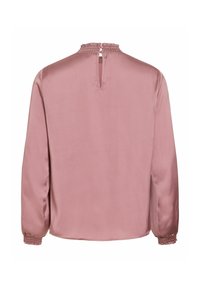 Blouse mauve à manches longues avec poignets et col froncés, petite ouverture en forme de goutte et fermeture par bouton au dos de l'encolure.