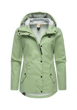 Light green waterproof jacket with a zippered front, adjustable hood, and two front pockets. Lined with a patterned fabric.
