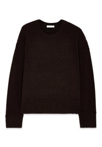 Pull en tricot marron foncé avec col rond, manches longues, et poignets et ourlet côtelés. Texture douce avec une coupe décontractée.