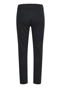 Black pants with a straight fit, made from a smooth fabric. Features two back pockets and a simple waistband. No visible hardware or patterns.