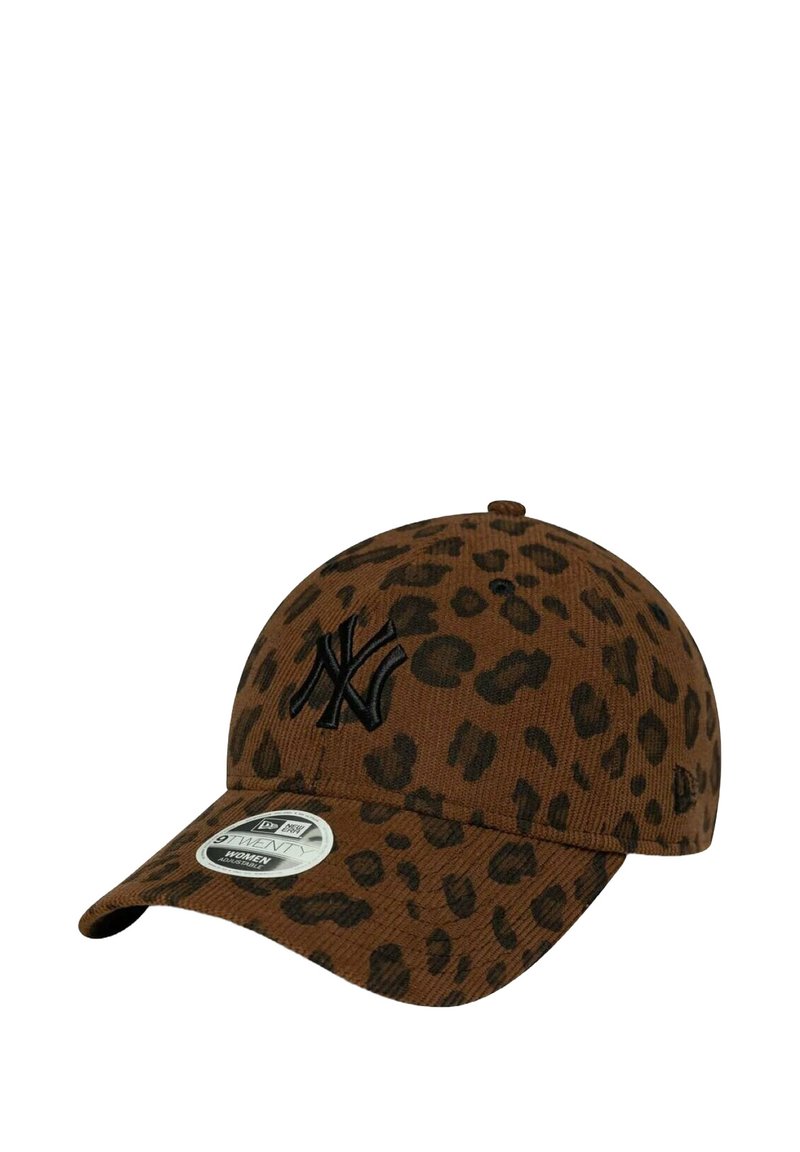Cappello a stampa leopardata marrone realizzato in tessuto testurizzato, con logo ricamato nero e visiera curva dotata di cinturino regolabile.