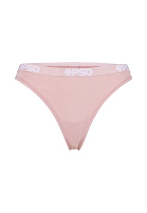 Lyserødt dames bikiniundertøj med en bred linning med hvidt PSD-brandlogo, vist mod en hvid baggrund.