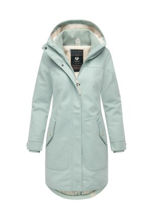 Mintgrüner langer Mantel mit Kapuze, ausgestattet mit einem Reißverschluss vorne, zwei Fronttaschen und einem gemusterten Innenfutter. Weicher Stoff und elegantes Design.