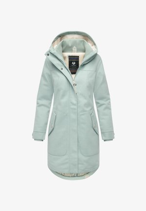 Mintgrüner langer Mantel mit Kapuze, ausgestattet mit einem Reißverschluss vorne, zwei Fronttaschen und einem gemusterten Innenfutter. Weicher Stoff und elegantes Design.