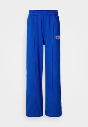 Pantalones deportivos elásticos de cintura alta en un brillante color azul, con piernas rectas y pequeño logo rojo y blanco de "VERY" en el muslo derecho.