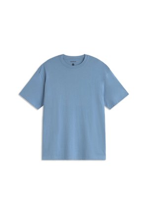 T-shirt bleu clair à manches courtes et col rond, coupe décontractée, présenté sur un fond blanc.