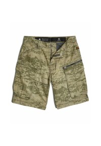 Cargo shorts in een camouflagemotief, met een beige-groene kleurenschema, meerdere zakken en een zijzak met rits.