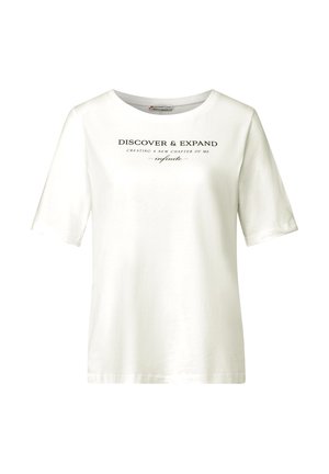 Vit bomull t-shirt med korta ärmar, rund halsringning och tryckt text: "UPPTÄCK & UTVIDGA" i svart, tillsammans med ytterligare fraser nedan.