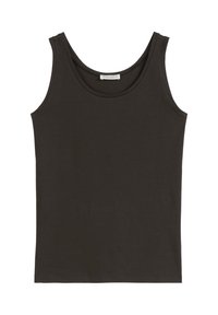 Canottiera marrone scuro realizzata in cotone liscio, con scollatura a barca e ampie aperture per le braccia. Design semplice senza motivi o accessori aggiuntivi.