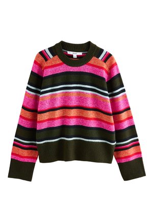 Pullover mit Rundhalsausschnitt und horizontalen Streifen in Olivgrün, Pink, Orange, Schwarz und Weiß, mit gerippten Bündchen an Ärmeln und Saum.