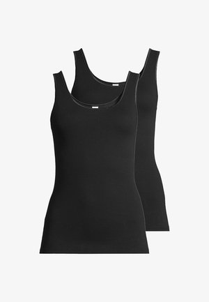 Schwarze Tanktops in taillierter Passform, mit breiten Trägern und rundem Ausschnitt. Glattes Material ohne sichtbare Muster oder Verzierungen.