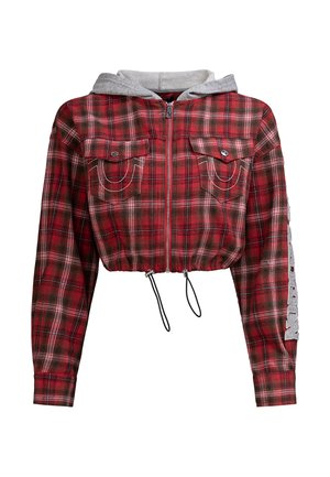 Rood en zwart geruiten cropped jack met grijze capuchon, voorrits, twee flapzakken, trekkoorden bij de taille en tekst op de linkermouw.