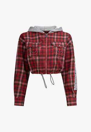 Rot-schwarz kariertes, kurzes Jacket mit grauem Kapuzen, Frontreißverschluss, zwei Klappentaschen, Kordeln an der Taille und Text auf dem linken Ärmel.