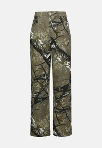 Pantaloni a gamba larga con motivo camouflage in diverse tonalità di verde, marrone e nero con accenti bianchi; dotati di chiusura con bottone e cinque tasche.