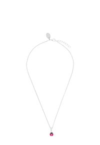 Collana in argento con pendente a forma di coccinella, caratterizzata da dettagli rossi e neri, tra cui quattro sezioni rosse e due macchie nere.