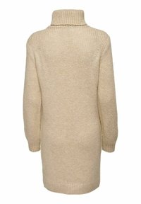 Beige gebreid sweaterjurk met een hoge hals, lange mouwen en een losse pasvorm. Kenmerkt zich door een textuurstof en ribbels aan de kraag en manchetten.