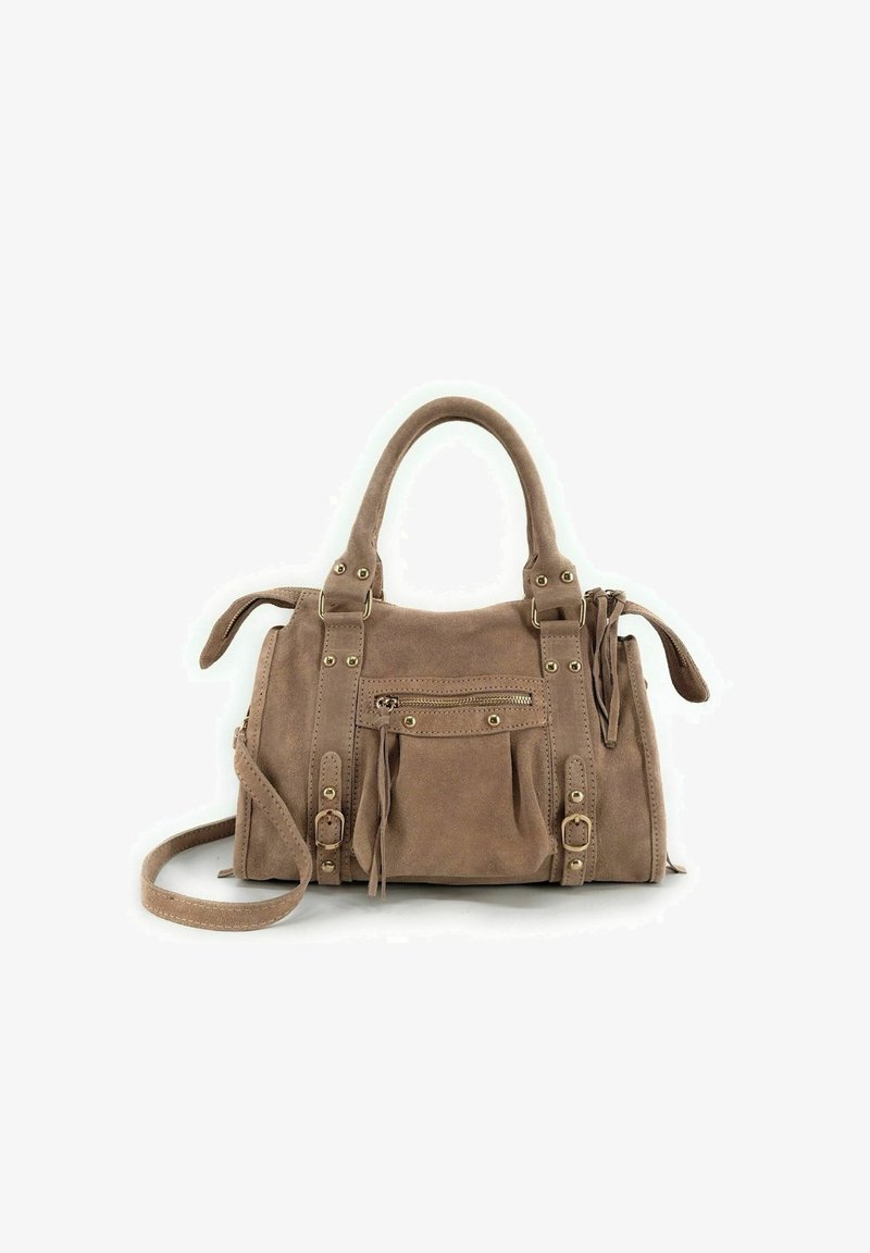 Sac à main en daim tan avec deux poignées supérieures, bandoulière réglable, poche zippée à l'avant et accents en métal doré. Présente une texture douce.